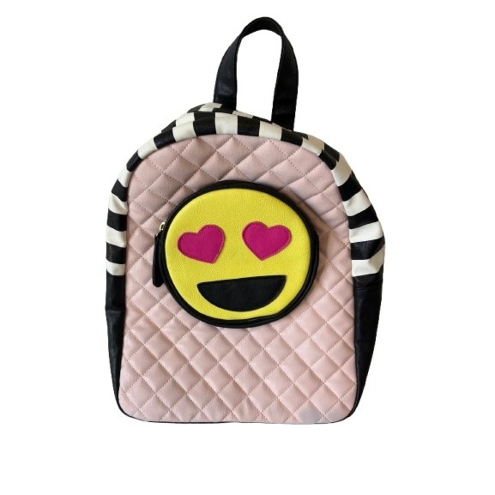 Luv Betsey Johnson Quilted Pink Heart Eye Emoji Mini Backpack Striped Trim